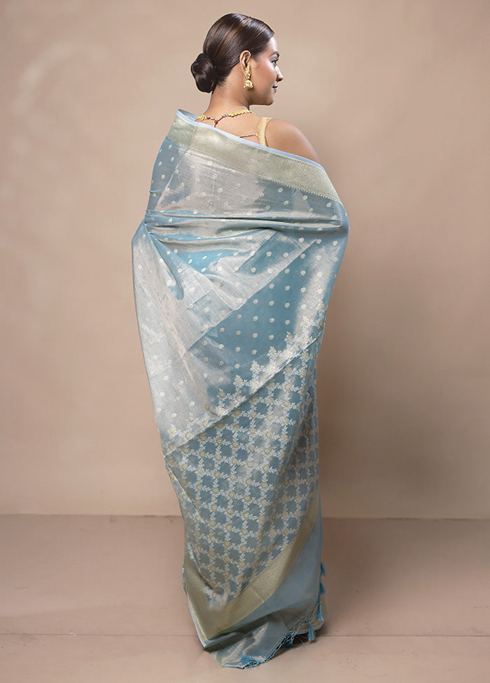 Sky Blue Tissue Silk Saree With Blouse Piece Newest