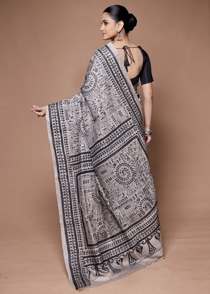 Grey Handloom Kantha Stitch Pure Silk Saree With Blouse Piece Buy Cheap Limited Edition