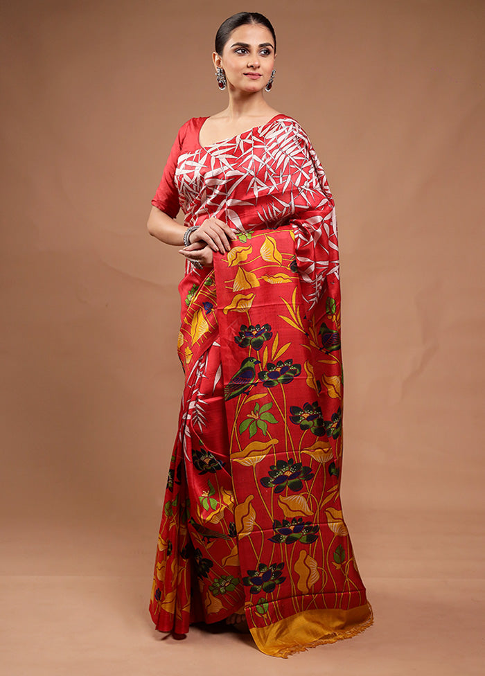 Red Printed Pure Silk Saree Without Blouse Piece Cheap Pice Outlet