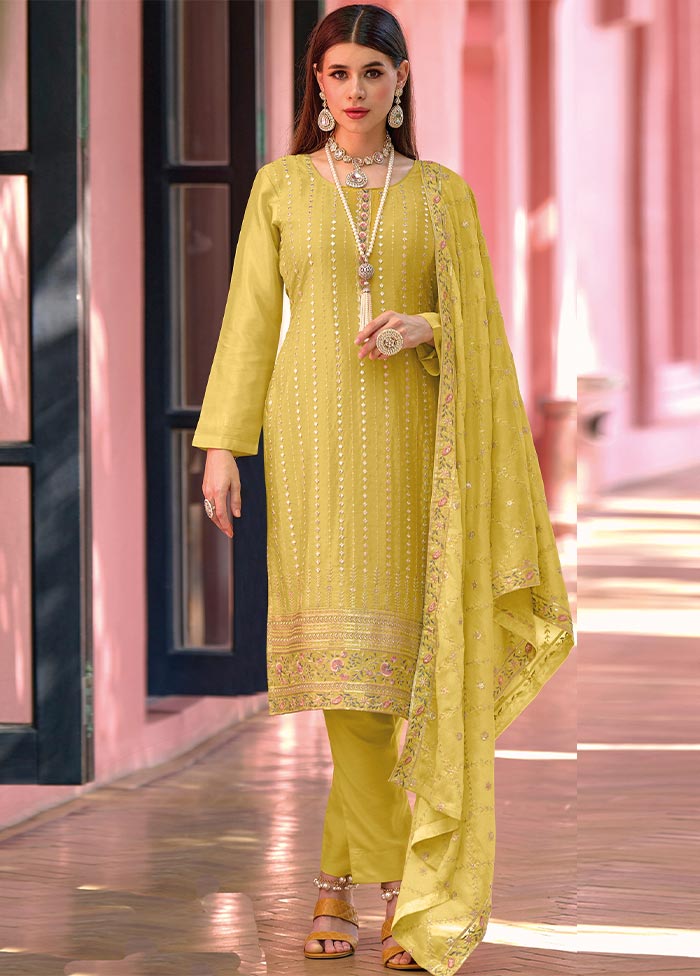 3 Pc Yellow Semi Stitched Georgette Suit Set For Cheap