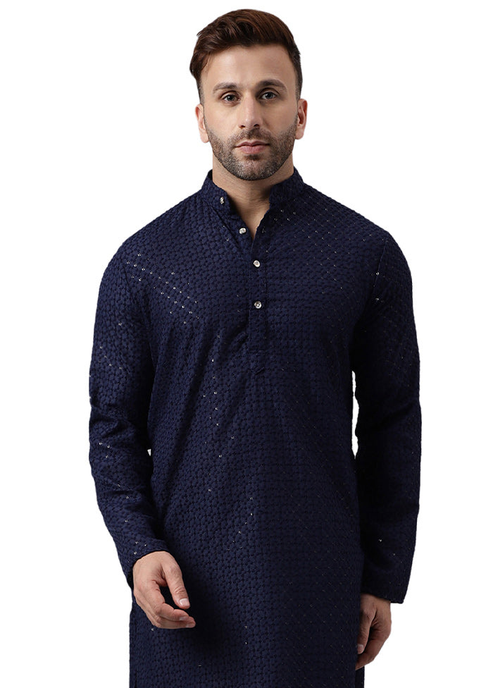 Navy Blue Silk Embroidered Kurta Affordable Cheap Online