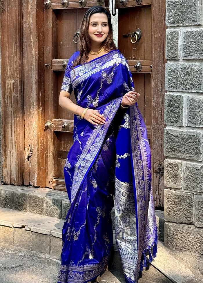 Royal Blue Banarasi Silk Saree With Blouse Piece Looking For For Sale