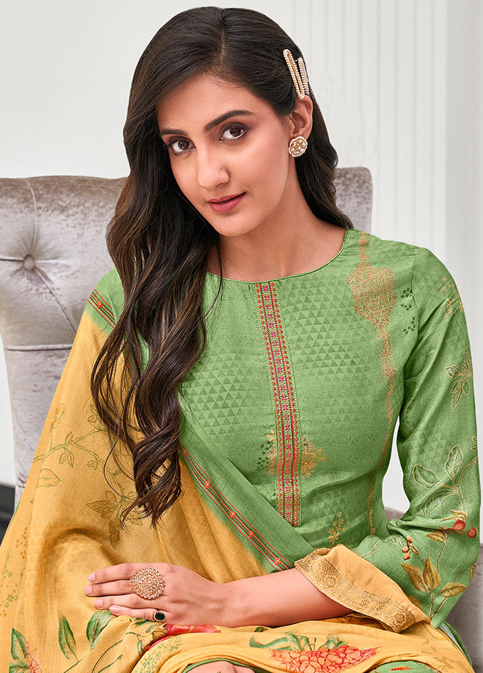 3 Pc Green Unstitched Pure Silk Suit Set Lowest Pice