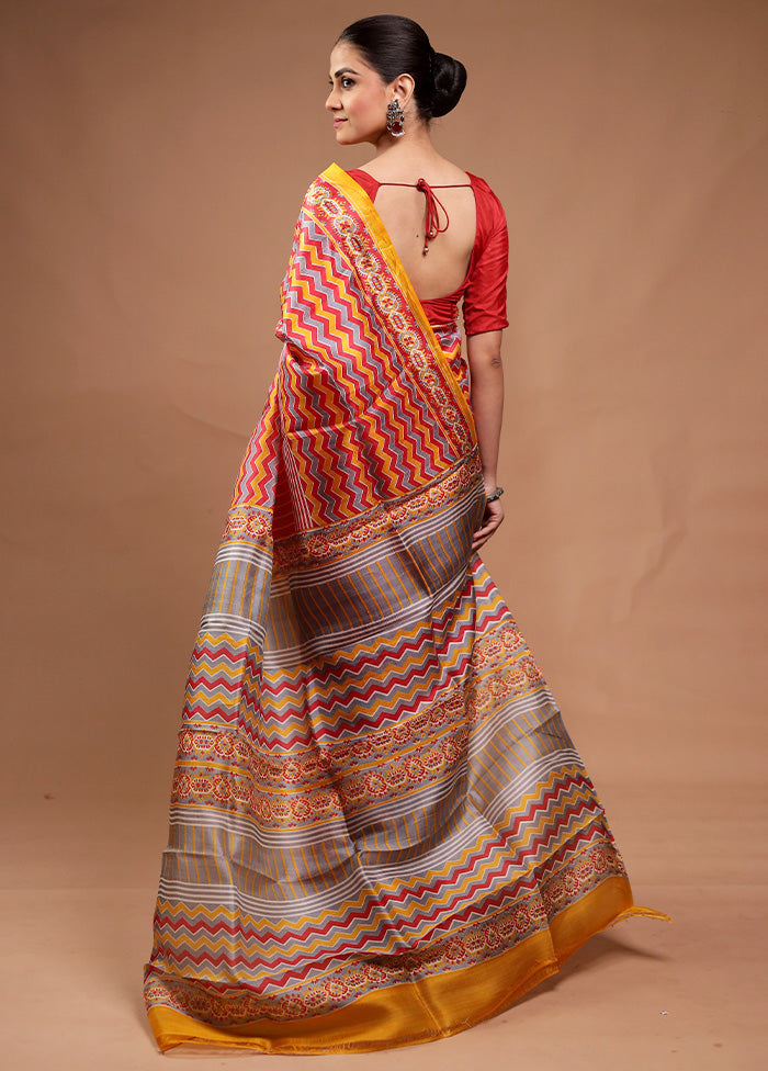 Yellow Printed Pure Silk Saree Without Blouse Piece Cheap Sale Wiki