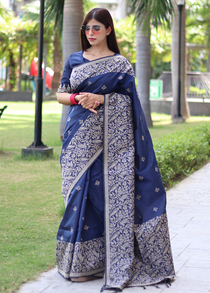 Navy Blue Spun Silk Saree With Blouse Piece Low Cost Online