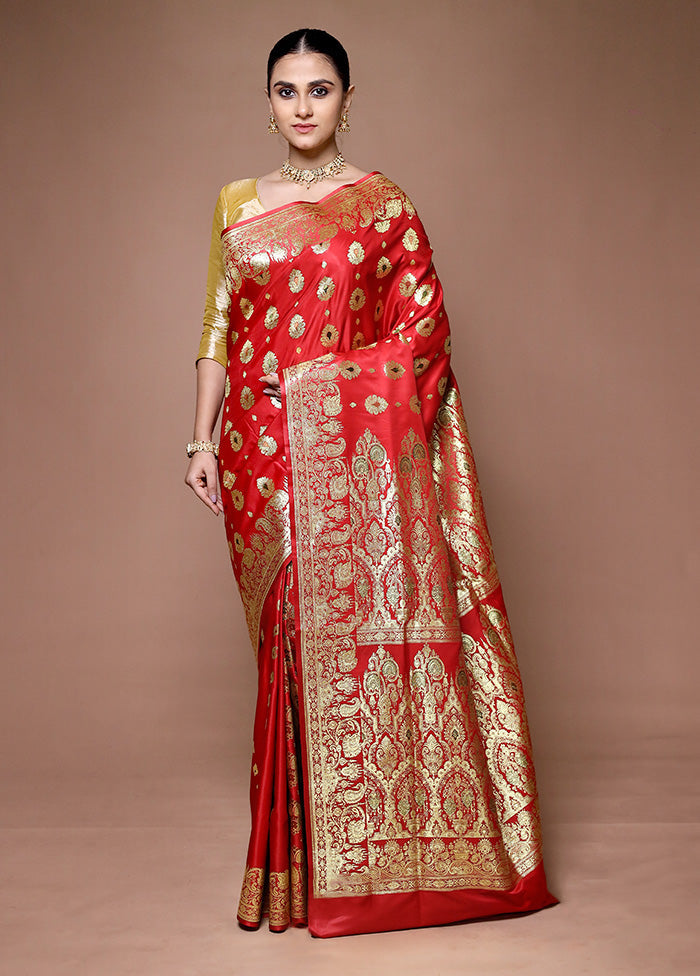 Red Banarasi Silk Saree With Blouse Piece Sale Free Shipping