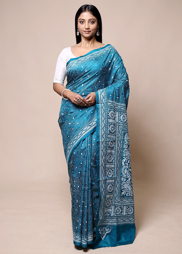 Blue Handloom Kantha Stitch Pure Silk Saree With Blouse Piece Websites Online