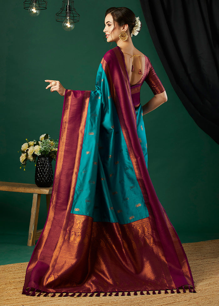 Aqua Banarasi Silk Saree With Blouse Piece Clearance Pre Order