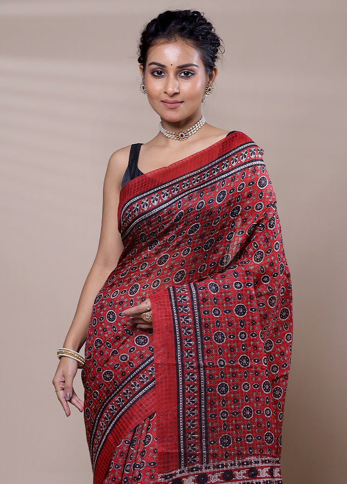 Red Printed Pure Silk Saree Without Blouse Piece Cheap Pirce