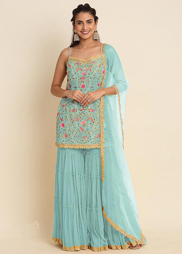 3 Pc Sky Blue Semi Stitched Georgette Suit Set Sale Top Quality