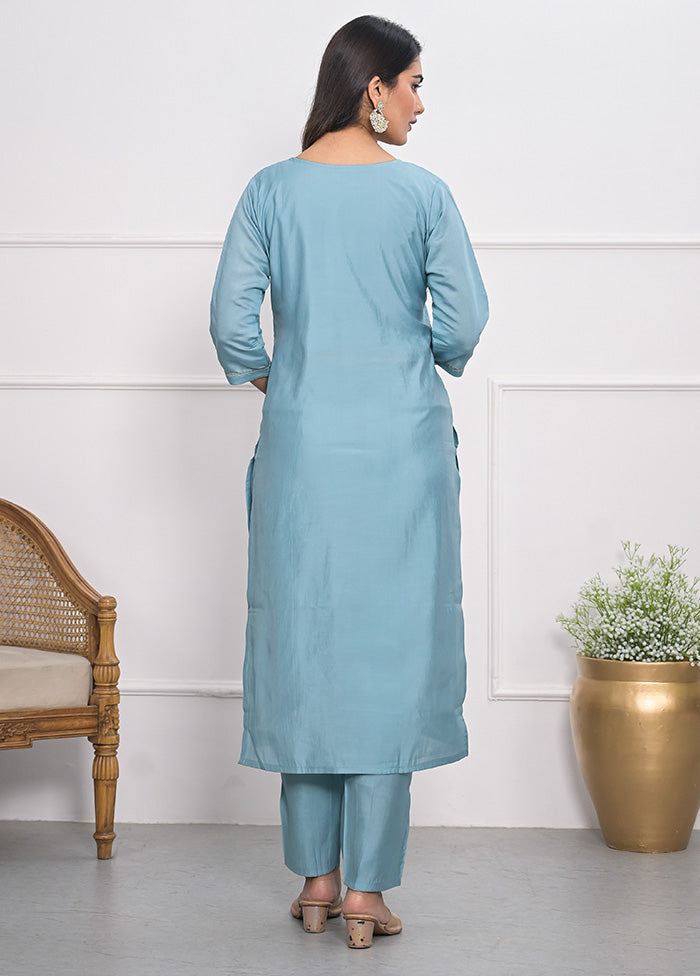 3 Pc Blue Readymade Viscose Suit Set Sale Best Wholesale