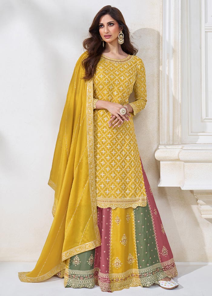 3 Pc Yellow Semi Stitched Silk Suit Set Discount 2025 Unisex