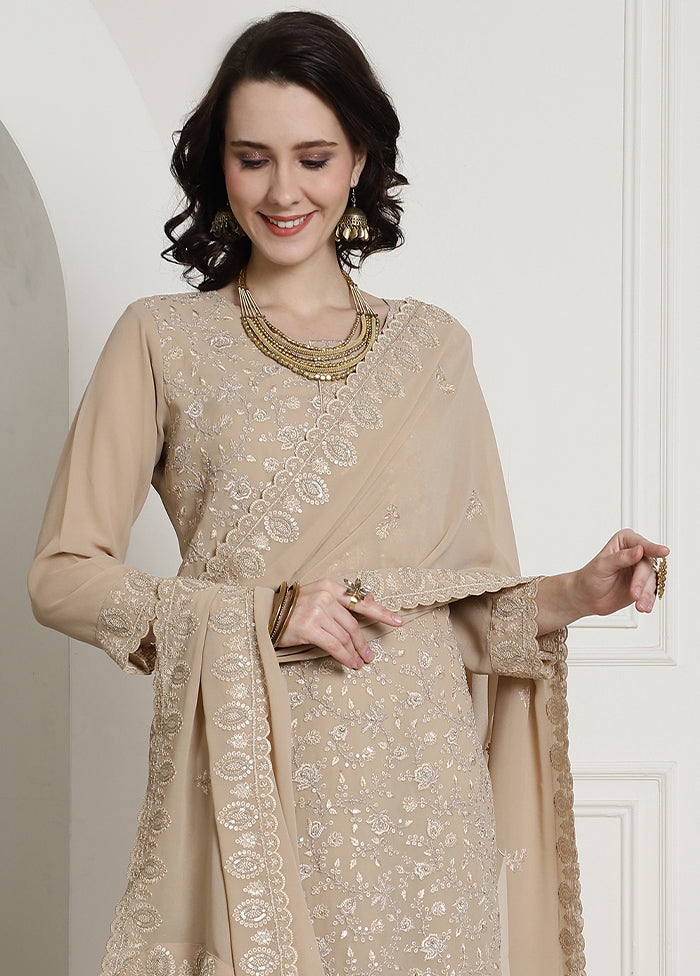 3 Pc Beige Unstitched Georgette Suit Set Buy Cheap 2025 New