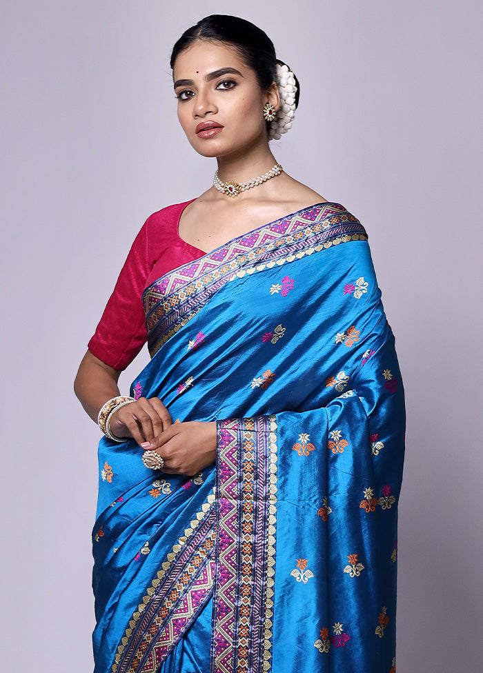 Blue Handloom Assam Pure Silk Saree With Blouse Piece Clearance Low Shipping