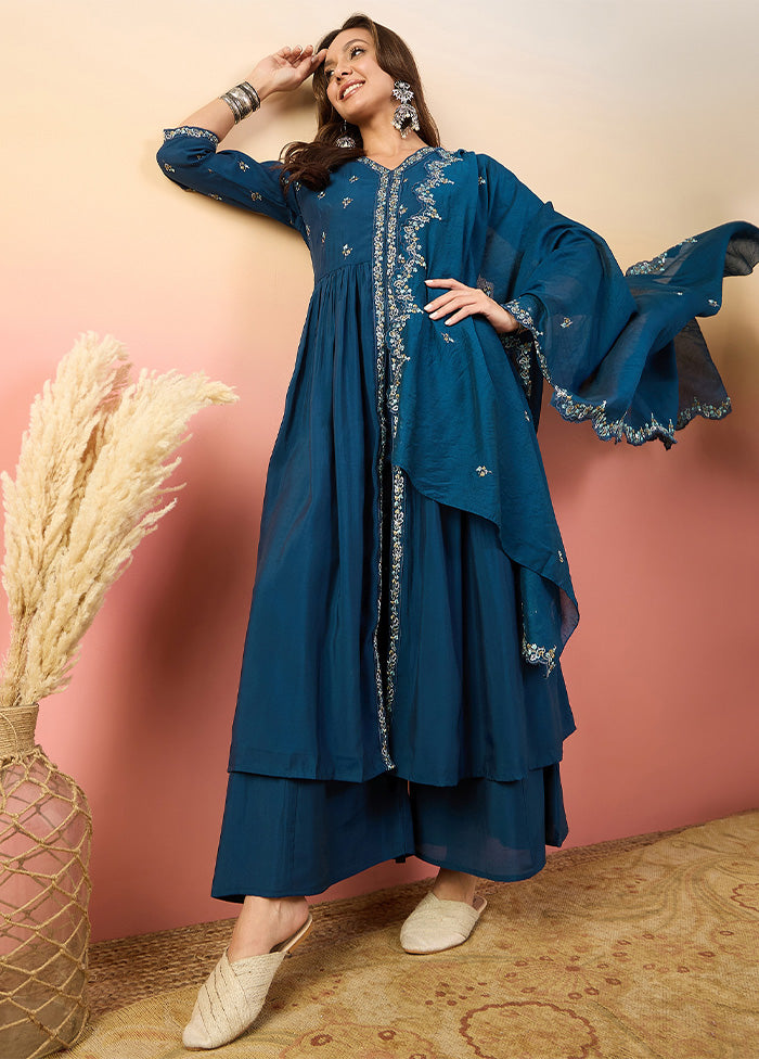 3 Pc Blue Pure Readymade Silk Suit Set Many Kinds Of Cheap Pice