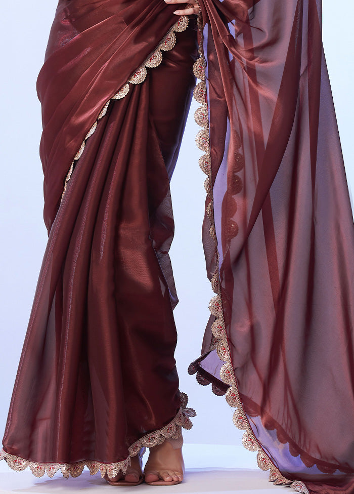 Coffee Satin Silk Saree With Blouse Piece Sale Free Shipping