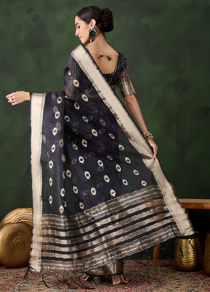 Navy Blue Organza Saree With Blouse Piece Finishline Cheap Online