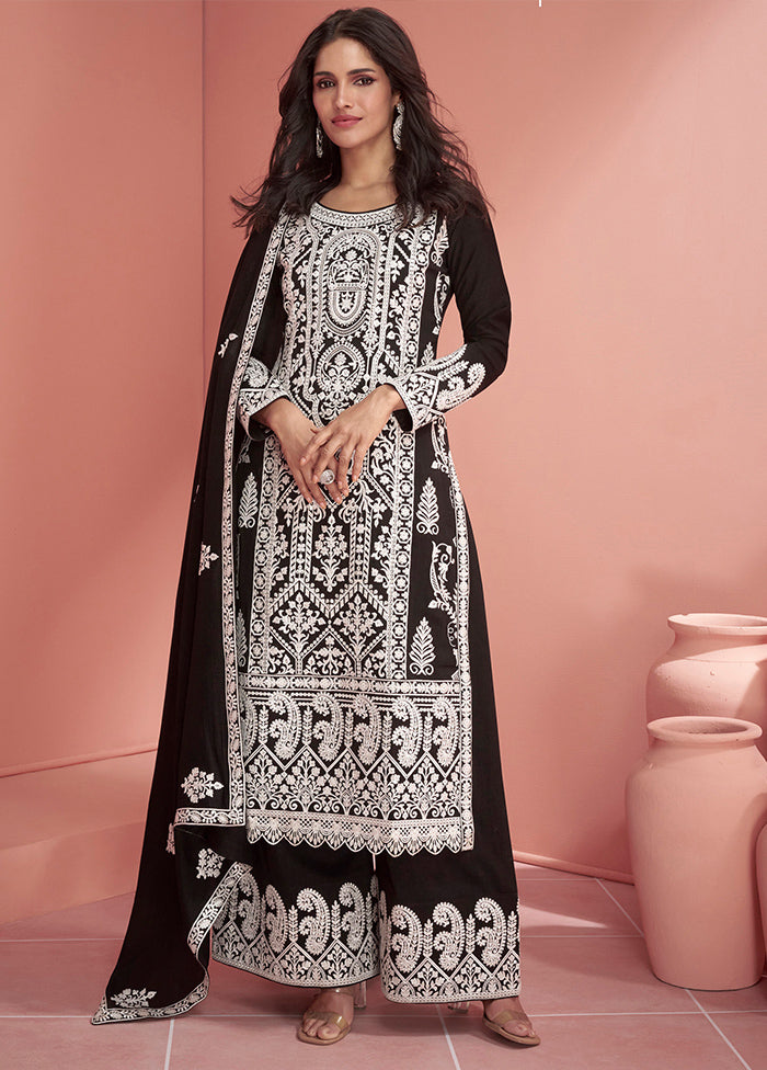 3 Pc Black Semi Stitched Georgette Suit Set Discount How Much