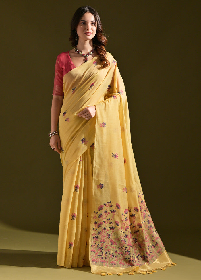 Yellow Pure Cotton Saree With Blouse Piece Outlet Discount Sale