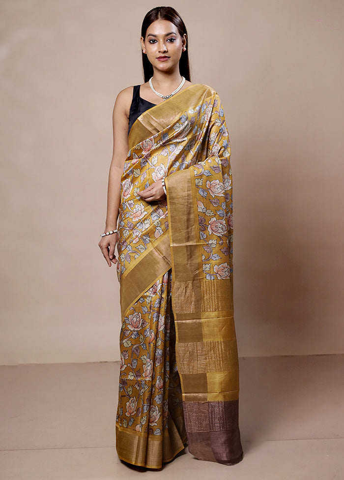 Yellow Tussar Silk Saree With Blouse Piece Reliable Cheap Online