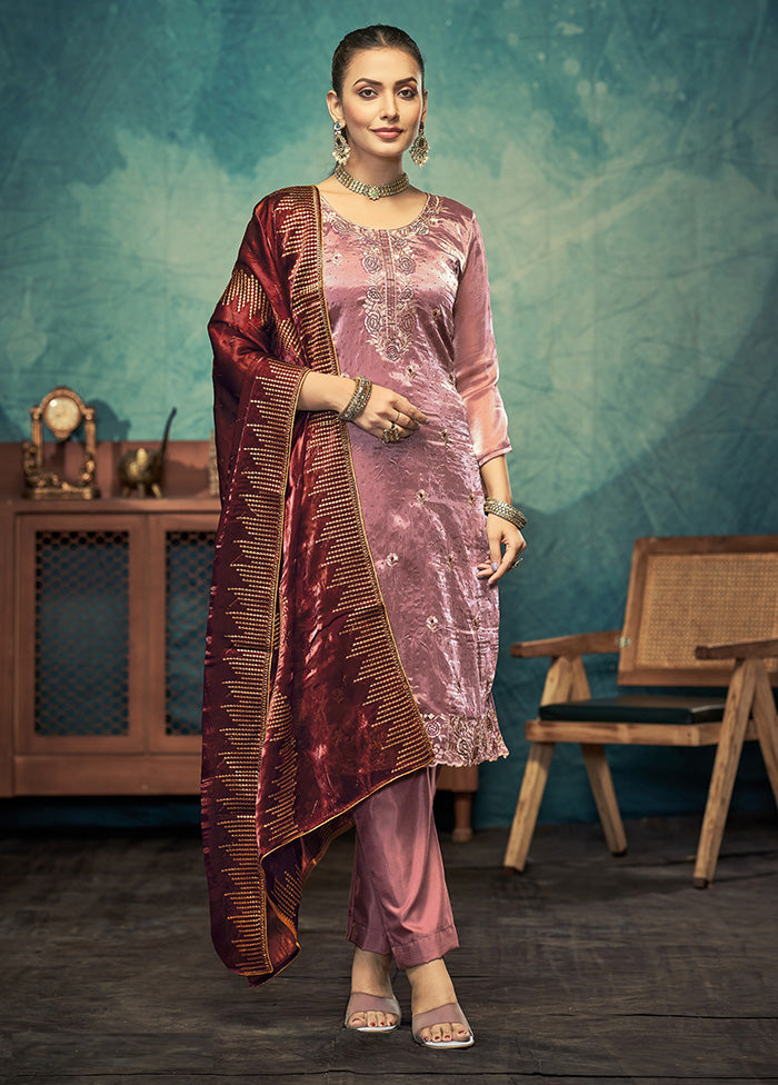 3 Pc Pink Semi Stitched Silk Dupatta Suit Set Clearance New Arrival