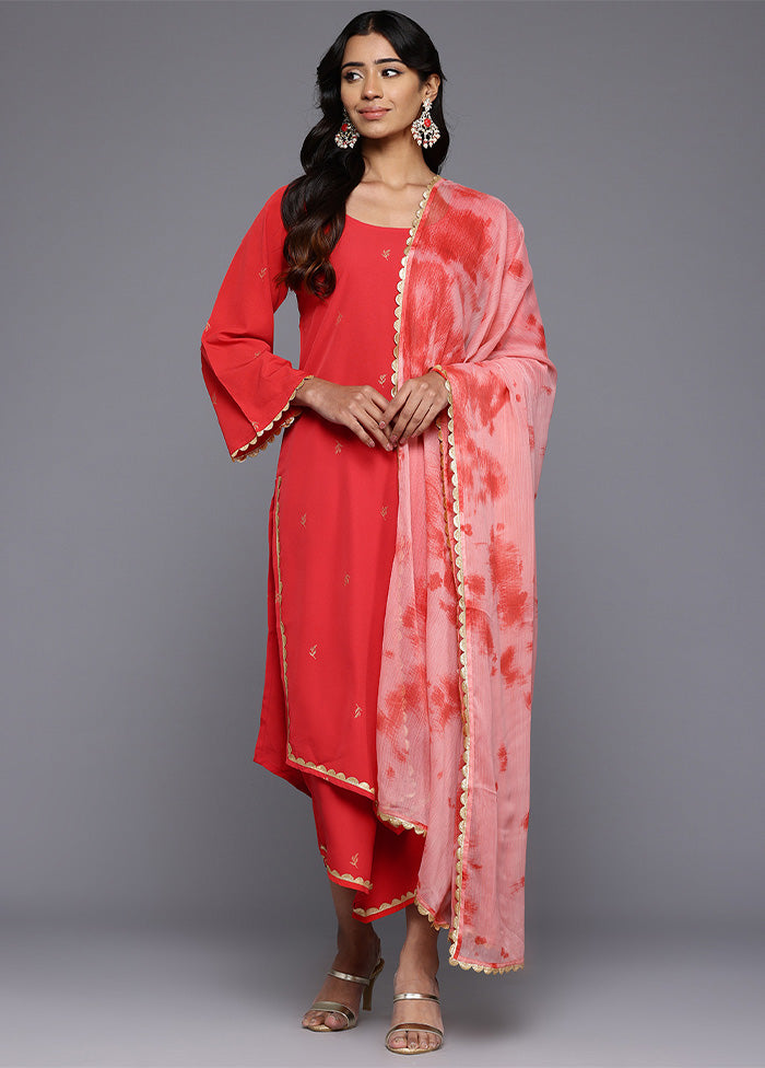 3 Pc Red Readymade Silk Dupatta Suit Set Cheap Pice Wholesale