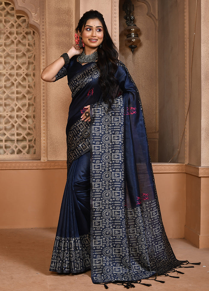 Navy Blue Spun Silk Saree With Blouse Piece Free Shipping Low Shipping