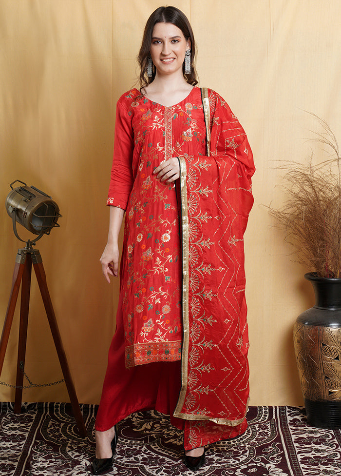 3 Pc Red Unstitched Silk Suit Set Release Dates Cheap Online