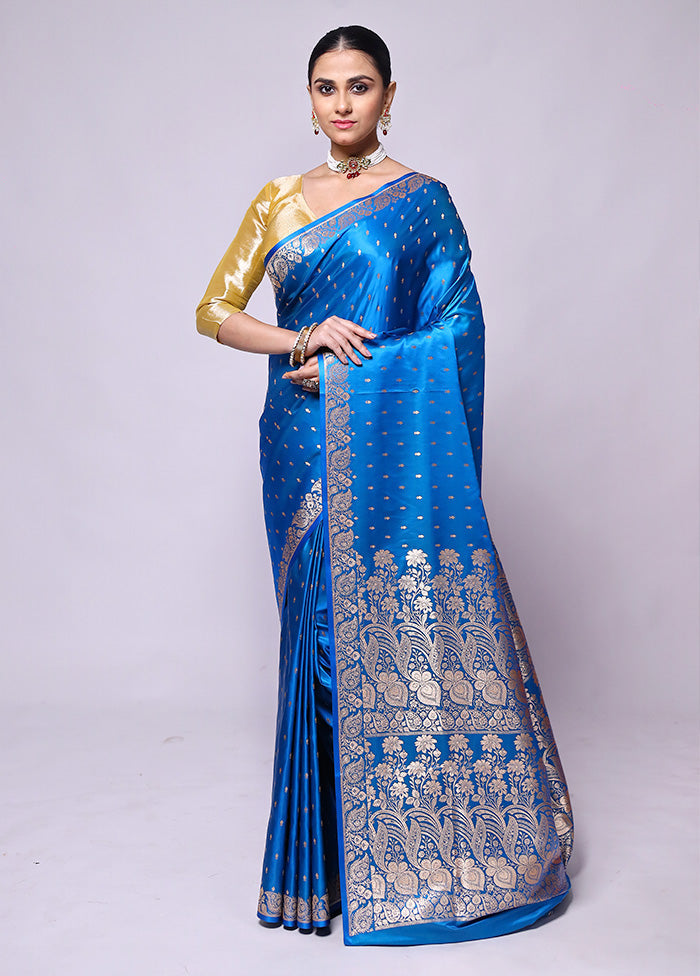 Blue Banarasi Silk Saree With Blouse Piece Sale Official