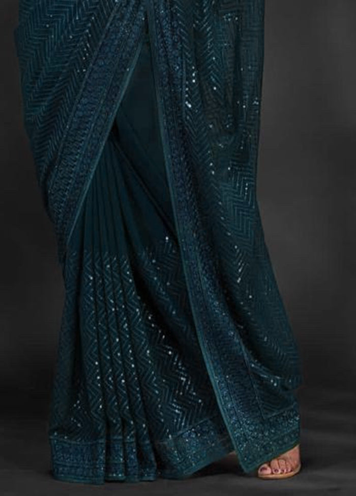 Teal Georgette Saree With Blouse Piece Buy Cheap Clearance Store