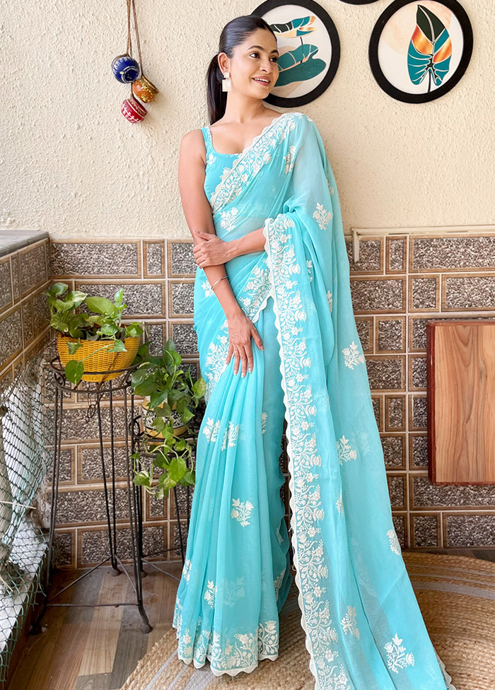 Sky Blue Spun Silk Saree With Blouse Piece Footlocker Pictures