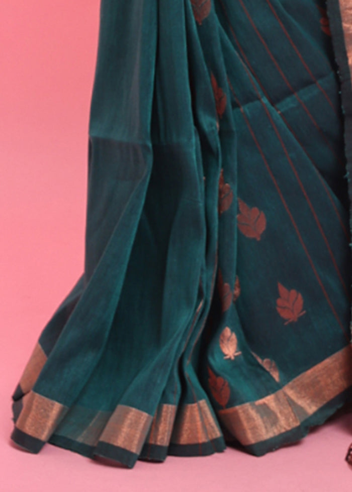 Teal Linen Silk Saree With Blouse Piece Discount Popular