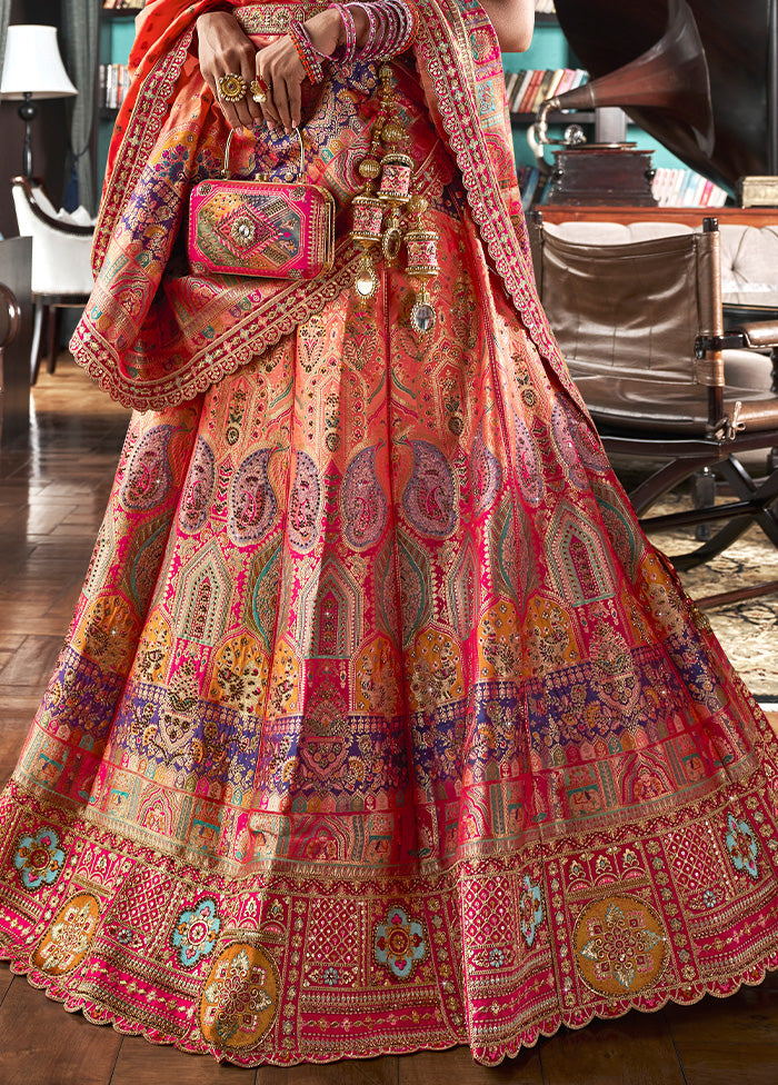 3 Pc Multicolor Silk Semi Stitched Lehenga Set Sale Top Quality