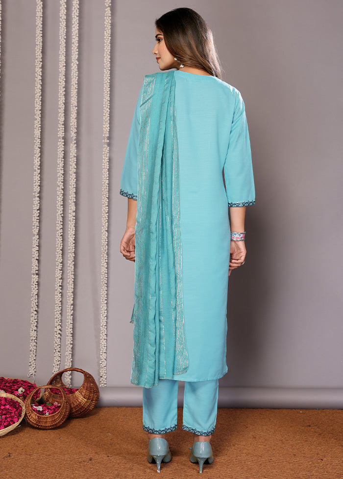 3 Pc Turquoise Blue Readymade Cotton Suit Set Cheapest Pice