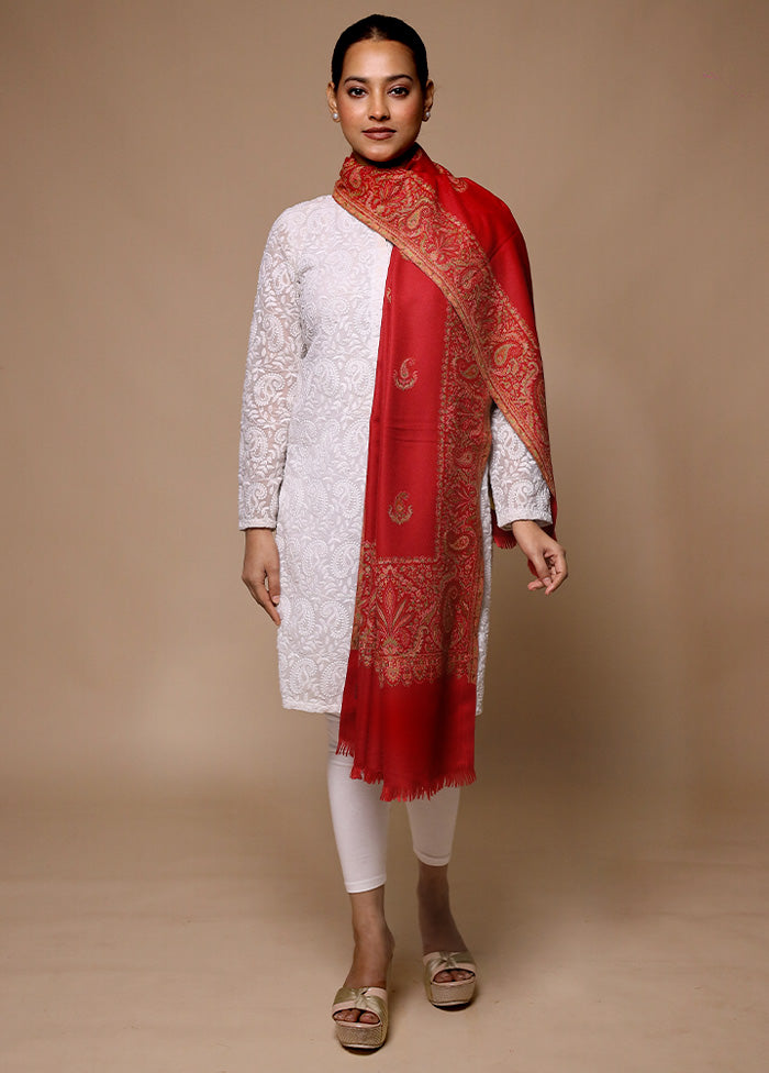 Red Butta Work With Zari Woven Border Shawl For Nice Online