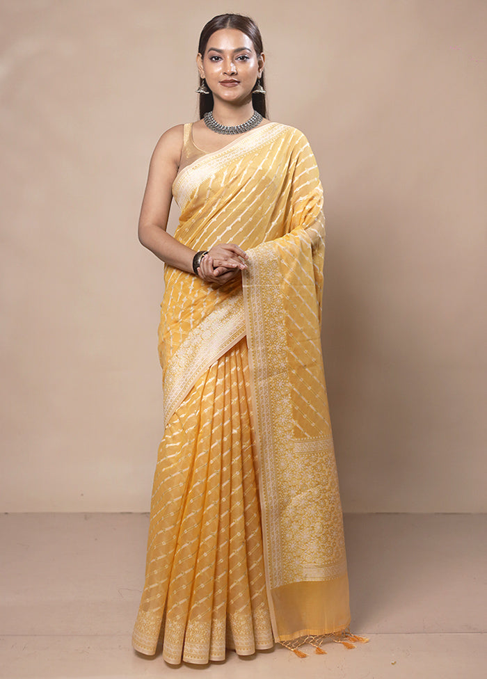 Yellow Kora Silk Saree With Blouse Piece Footlocker Finishline Online