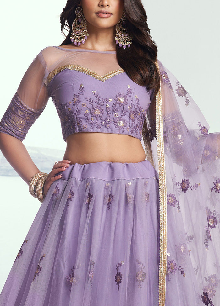 3 Pc Lavender Net Semi Stitched Lehenga Set Sale Cost