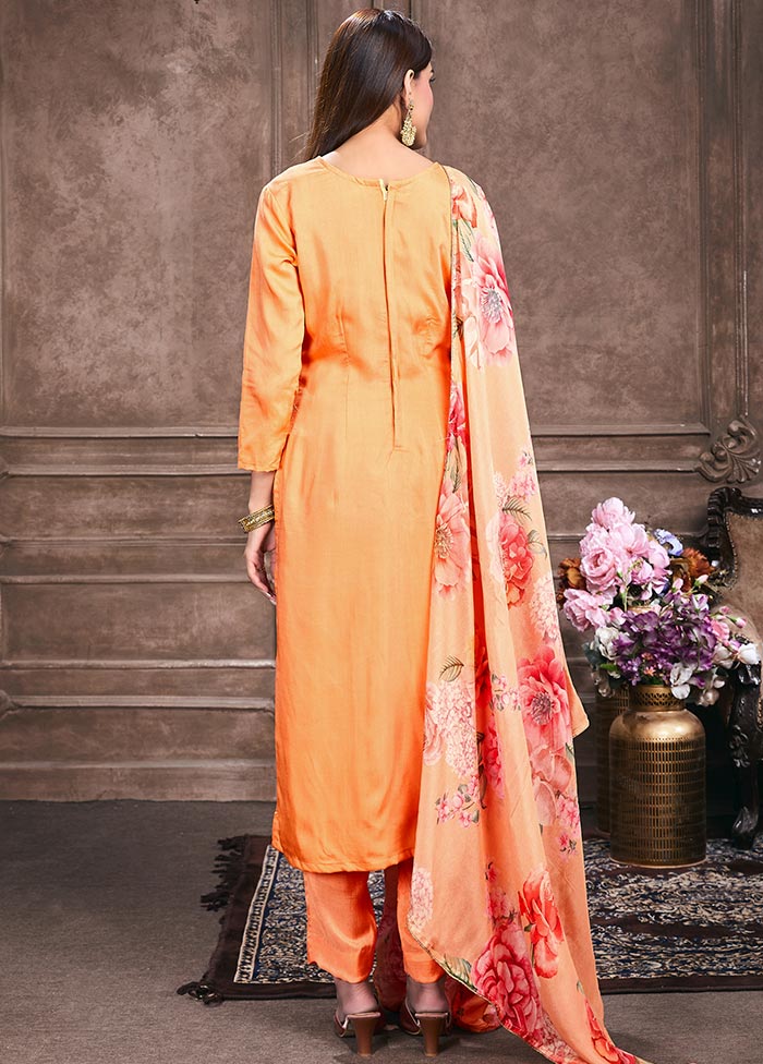 3 Pc Peach Unstitched Silk Suit Set Cheap Sale 2025 New