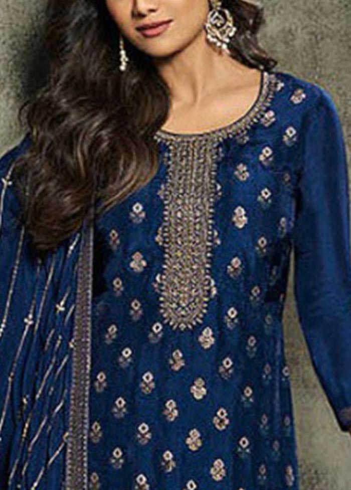 3 Pc Navy Blue Semi Stitched Viscose Suit Set Cheap Sale Footlocker Pictures