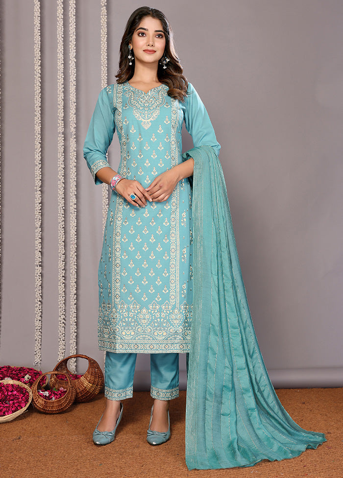 3 Pc Turquoise Blue Readymade Cotton Suit Set Discount High Quality