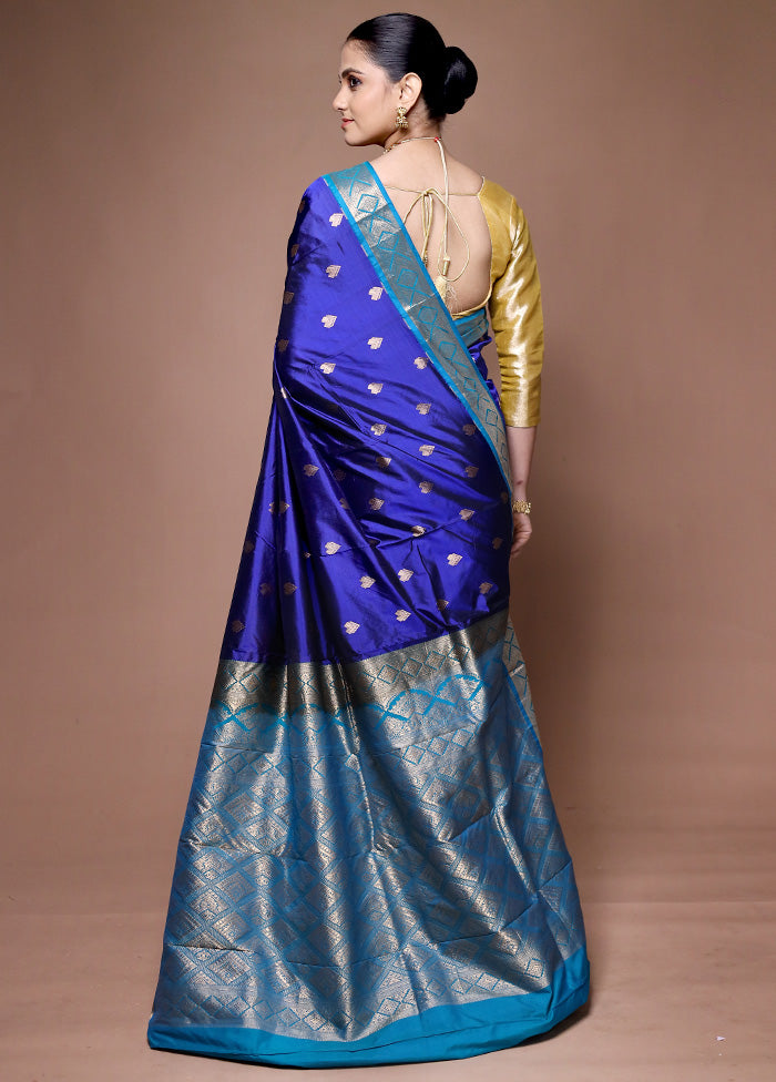 Blue Handloom Kanjivaram Pure Silk Saree With Blouse Piece Shop For Cheap Pice