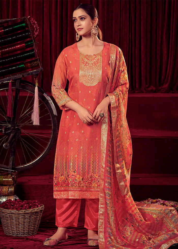 3 Pc Orange Unstitched Net Suit Set Free Shipping Best