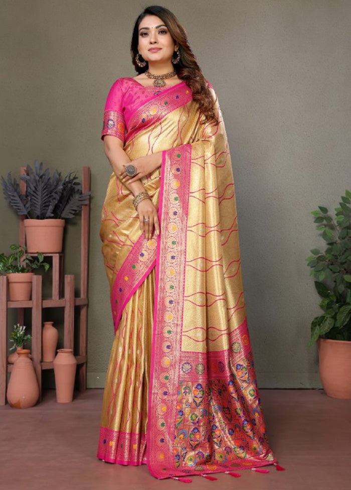 Golden Banarasi Silk Saree With Blouse Piece With Mastercard Online