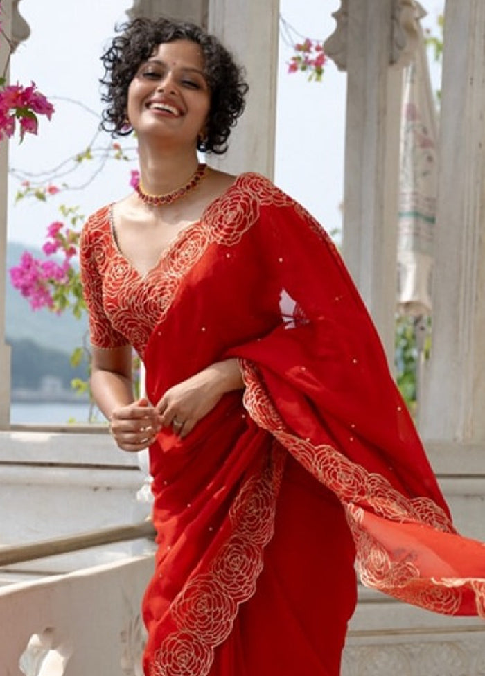 Red Organza Saree With Blouse Piece Finishline