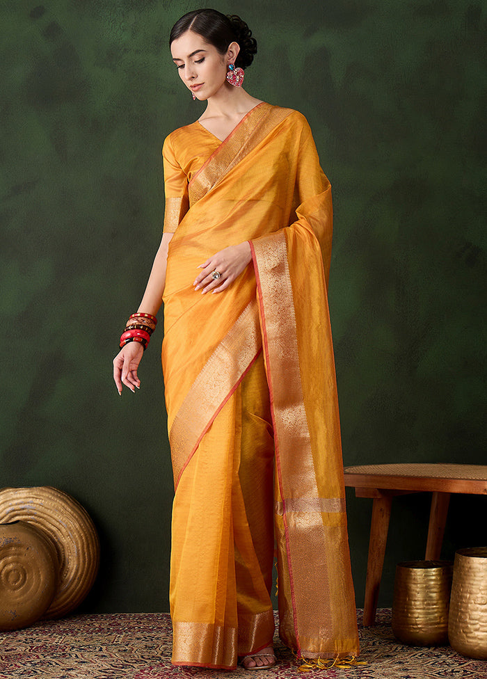 Yellow Organza Saree With Blouse Piece Amazon Online