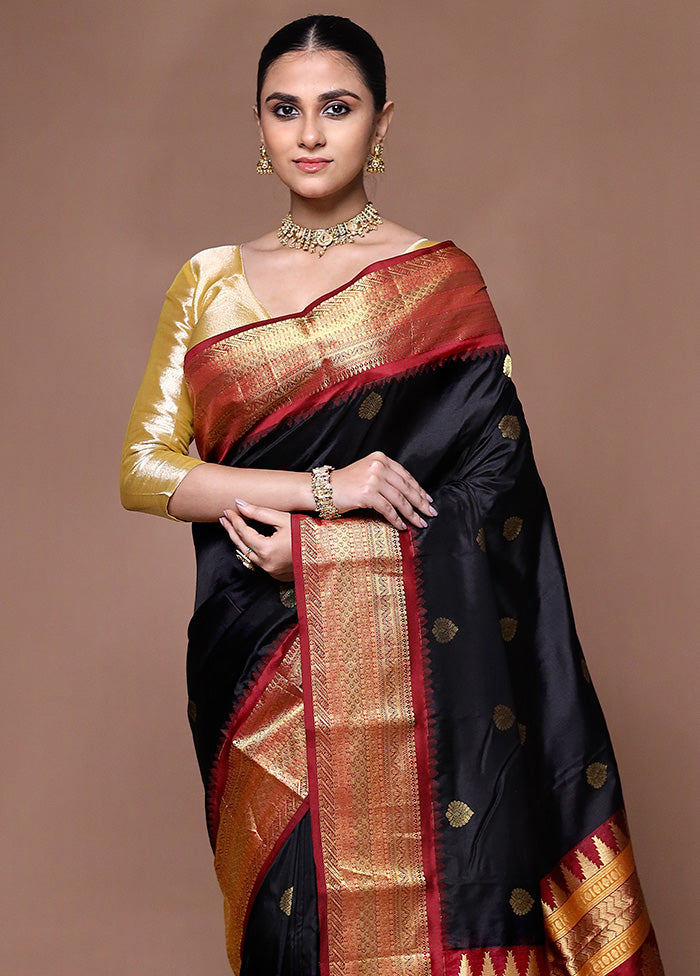 Black Handloom Kanchipuram Pure Silk Saree With Blouse Piece Cheapest Pice Sale Online