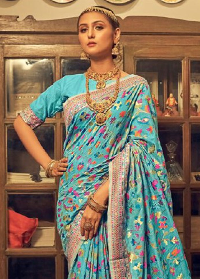 Sky Blue Banarasi Silk Saree With Blouse Piece Sale Geniue Stockist