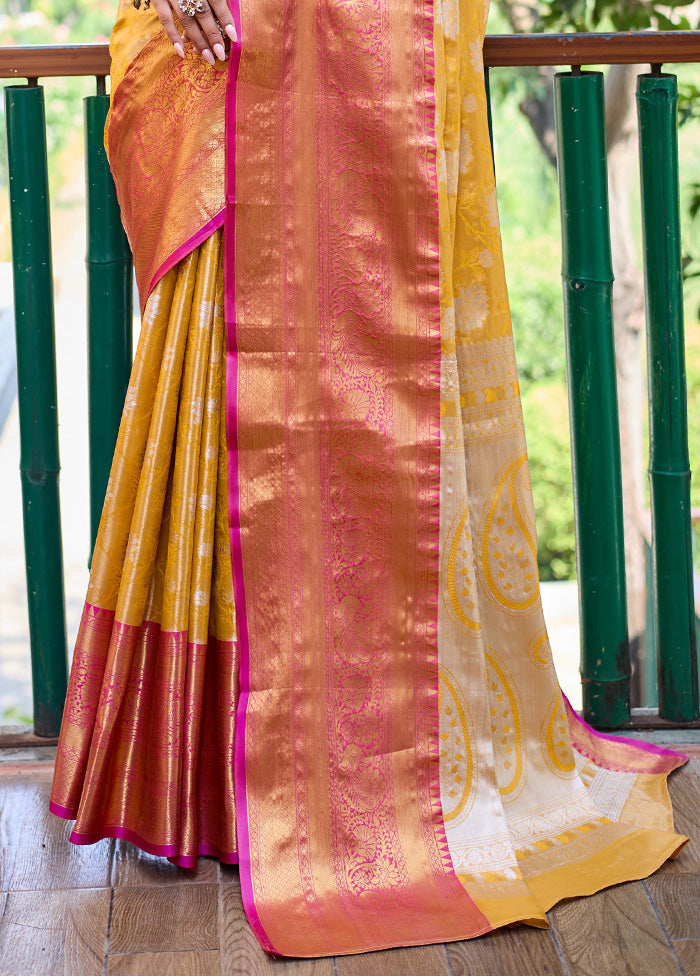 Yellow Banarasi Silk Saree With Blouse Piece Low Pice Fee Shipping Online