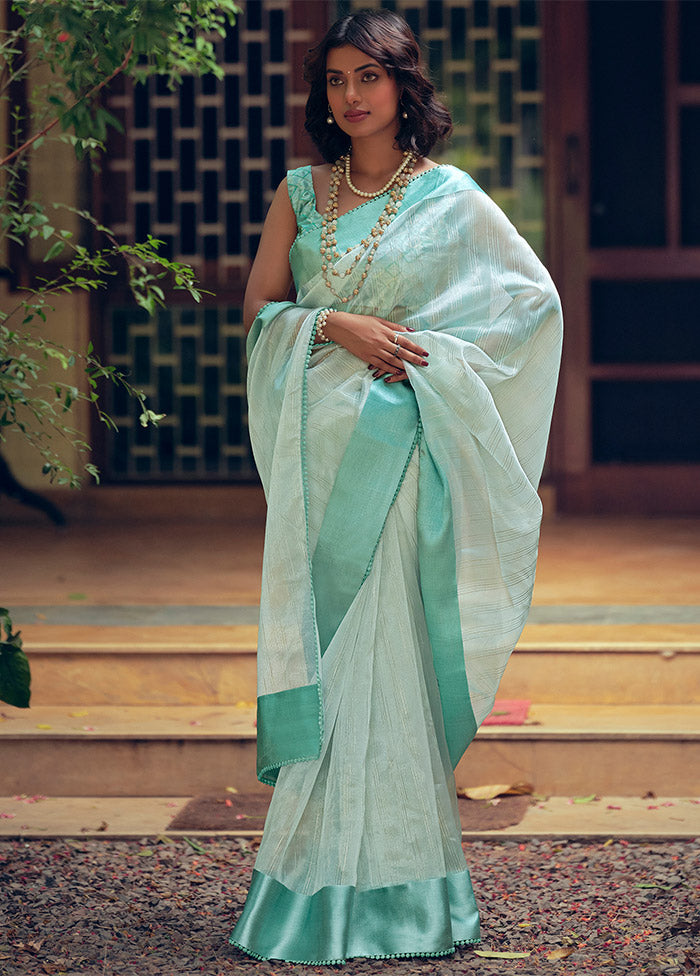 Sky Blue Organza Saree With Blouse Piece Cheap Sale Cheapest