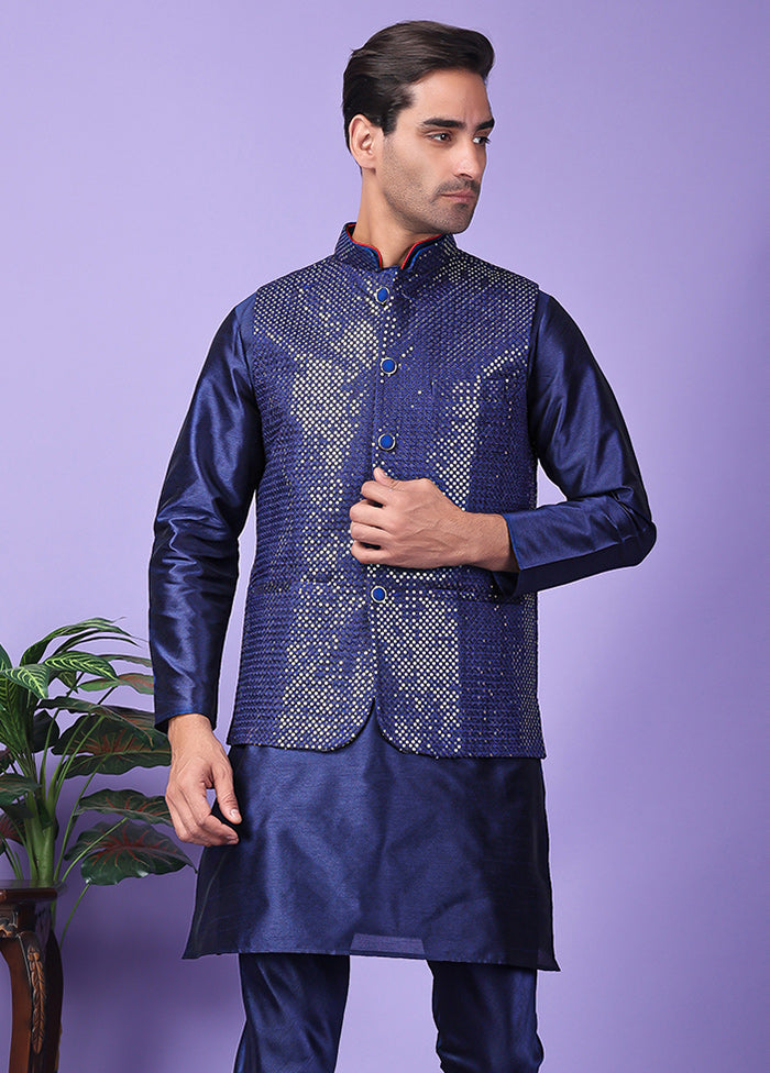 3 Pc Navy Blue Silk Nehru Set Buy Cheap Looking For